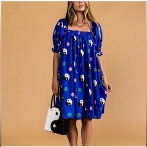 NEW Dressed in LALA Forget the Rules Icon Dress Blue Yin Yang Smile Dress L